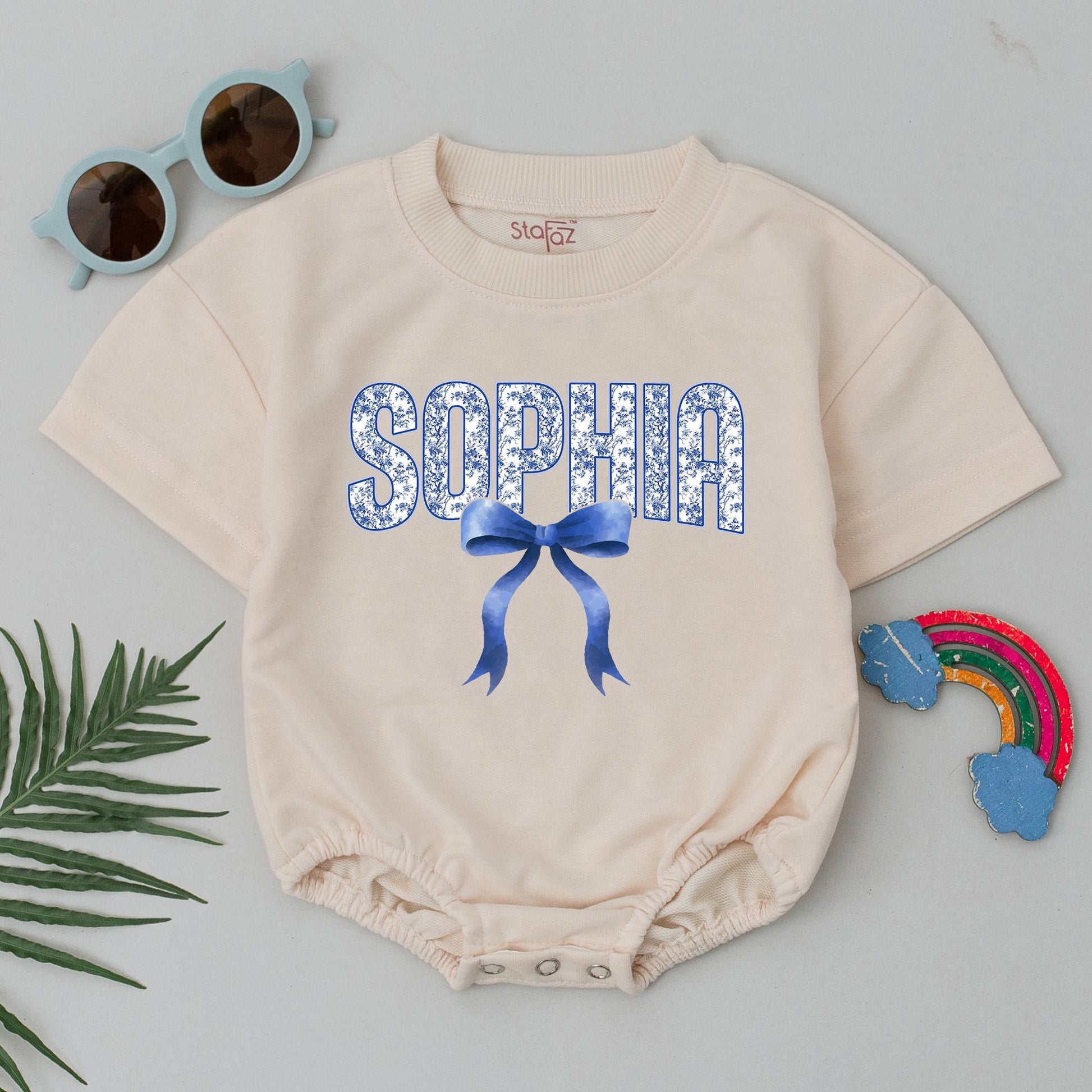 Personalized Baby Girl Bubble Romper Blue Chinoiserie Floral Name Bow Ribbon Vintage Infant Bodysuit Sweet Birthday Baby Shower Gift