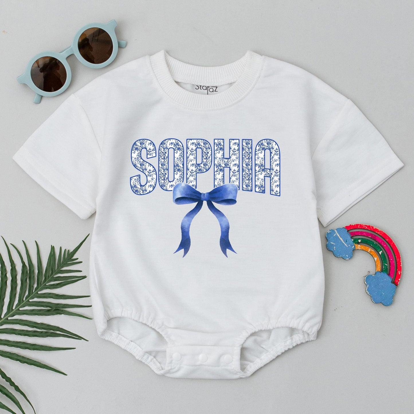 Personalized Baby Girl Bubble Romper Blue Chinoiserie Floral Name Bow Ribbon Vintage Infant Bodysuit Sweet Birthday Baby Shower Gift