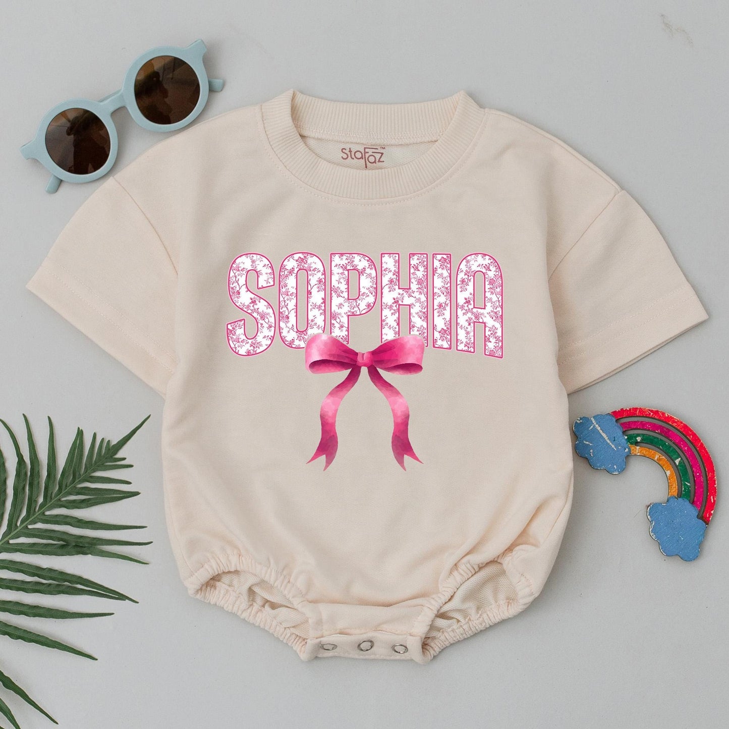 Sophia Chinoiserie Floral Baby Bubble Romper Pink Bow Cute Feminine Outfit Personalized Name Gift for Baby Girl 134 characters