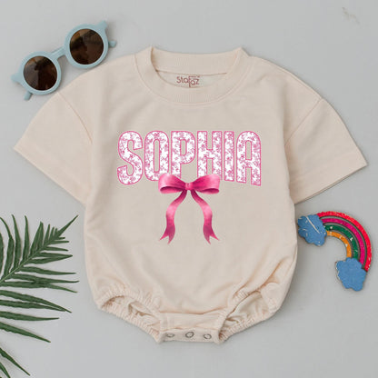 Sophia Chinoiserie Floral Baby Bubble Romper Pink Bow Cute Feminine Outfit Personalized Name Gift for Baby Girl 134 characters