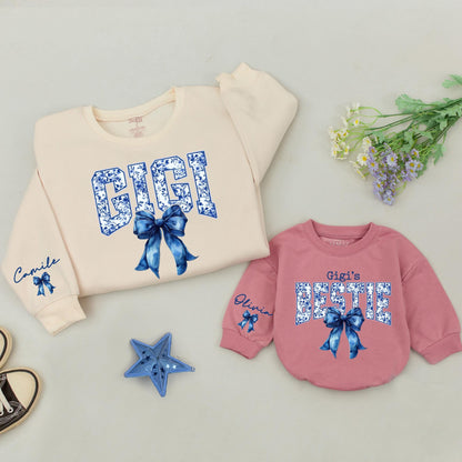 Gigi & Bestie Matching Sweatshirts, Blue Chinoiserie Bow Sweaters, Custom Name Grandma Gift Set, Playful Floral Outfit, Christmas Gift Idea, Comfy Cotton 139