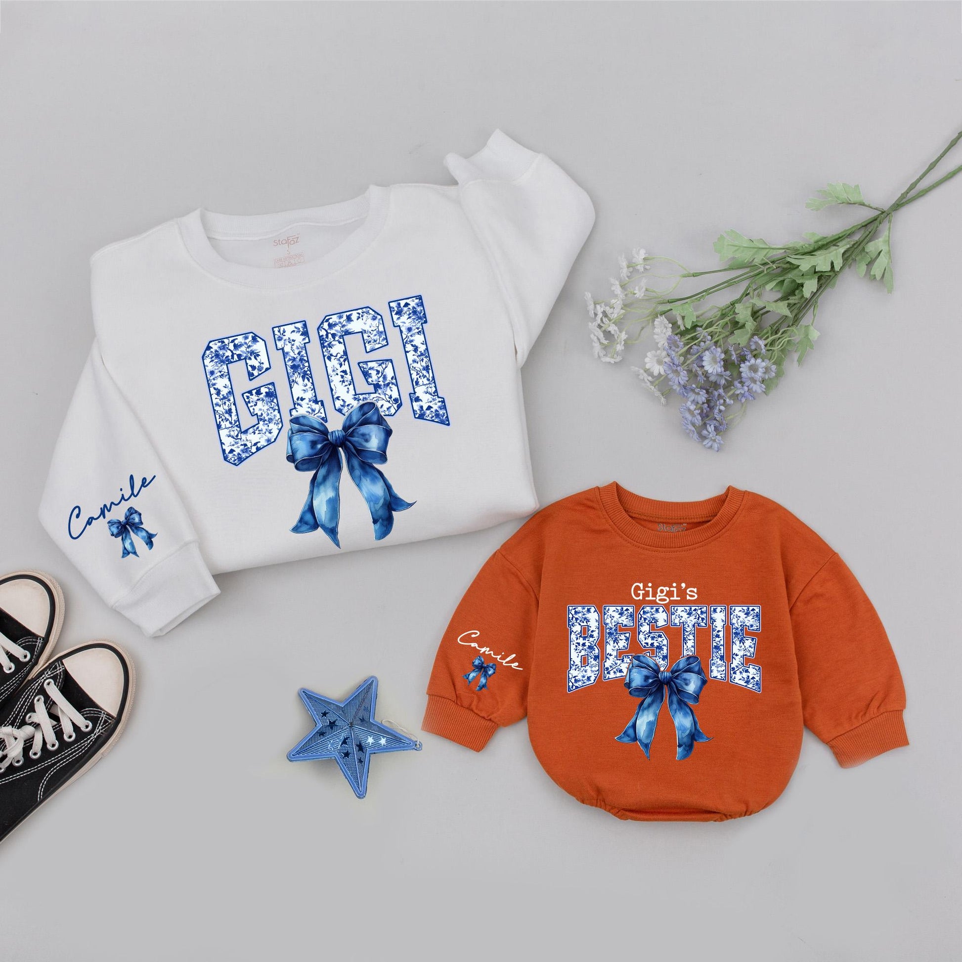 Gigi & Bestie Matching Sweatshirts, Blue Chinoiserie Bow Sweaters, Custom Name Grandma Gift Set, Playful Floral Outfit, Christmas Gift Idea, Comfy Cotton 139