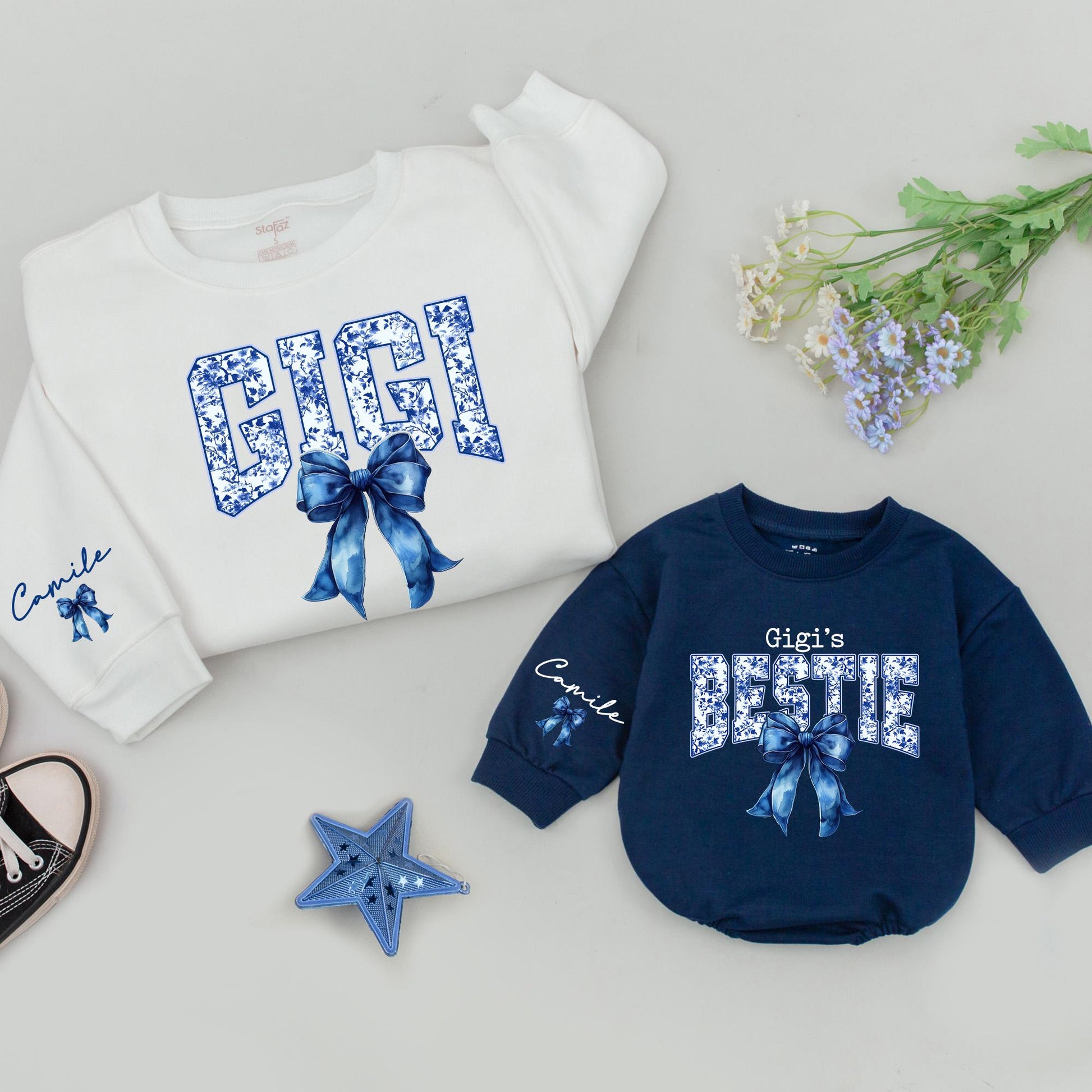 Gigi & Bestie Matching Sweatshirts, Blue Chinoiserie Bow Sweaters, Custom Name Grandma Gift Set, Playful Floral Outfit, Christmas Gift Idea, Comfy Cotton 139
