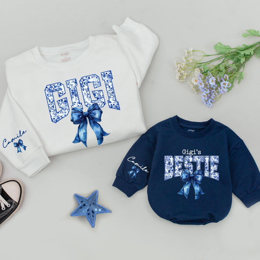 Gigi & Bestie Matching Sweatshirts, Blue Chinoiserie Bow Sweaters, Custom Name Grandma Gift Set, Playful Floral Outfit, Christmas Gift Idea, Comfy Cotton 139
