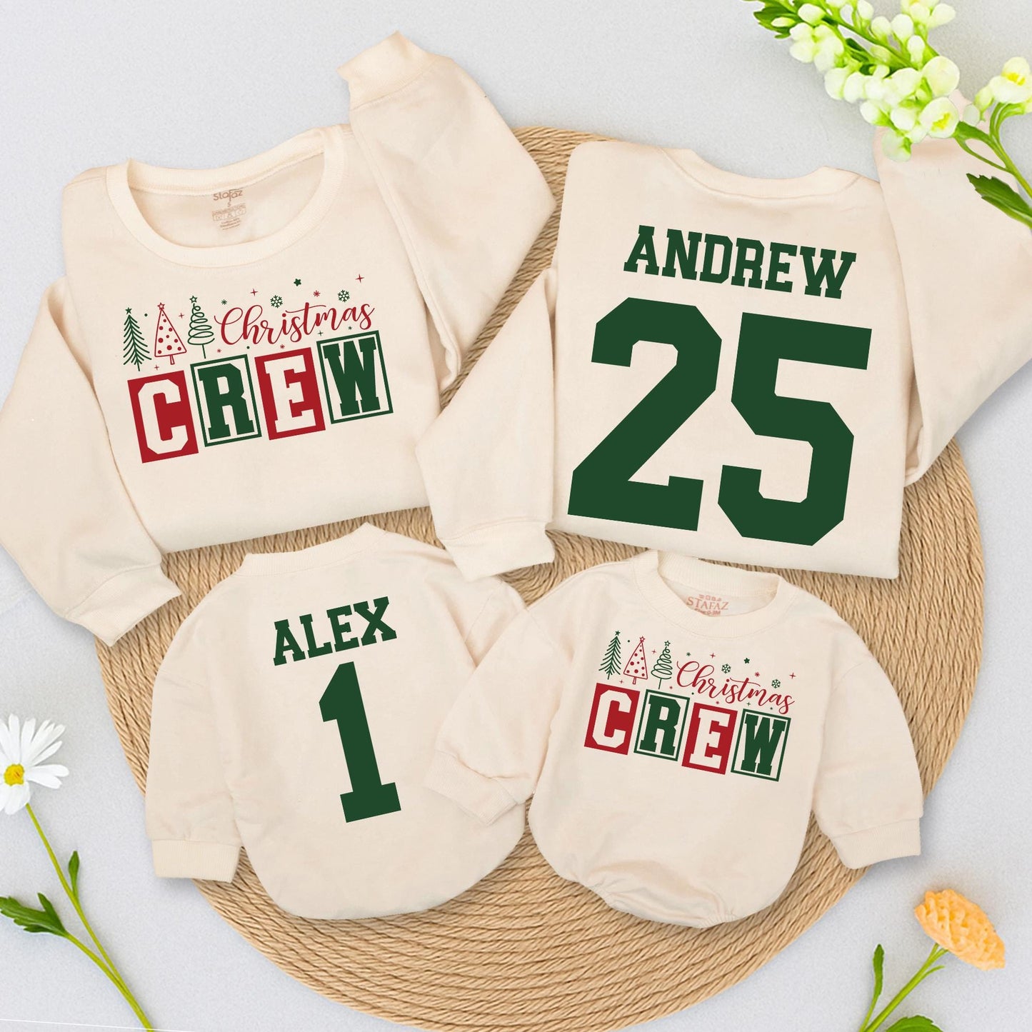 Personalized Family Christmas Crew Sweatshirts Matching Name & Number Collegiate Dark Green Design with Christmas Trees Snowflakes Stars Baby Romper Outfit