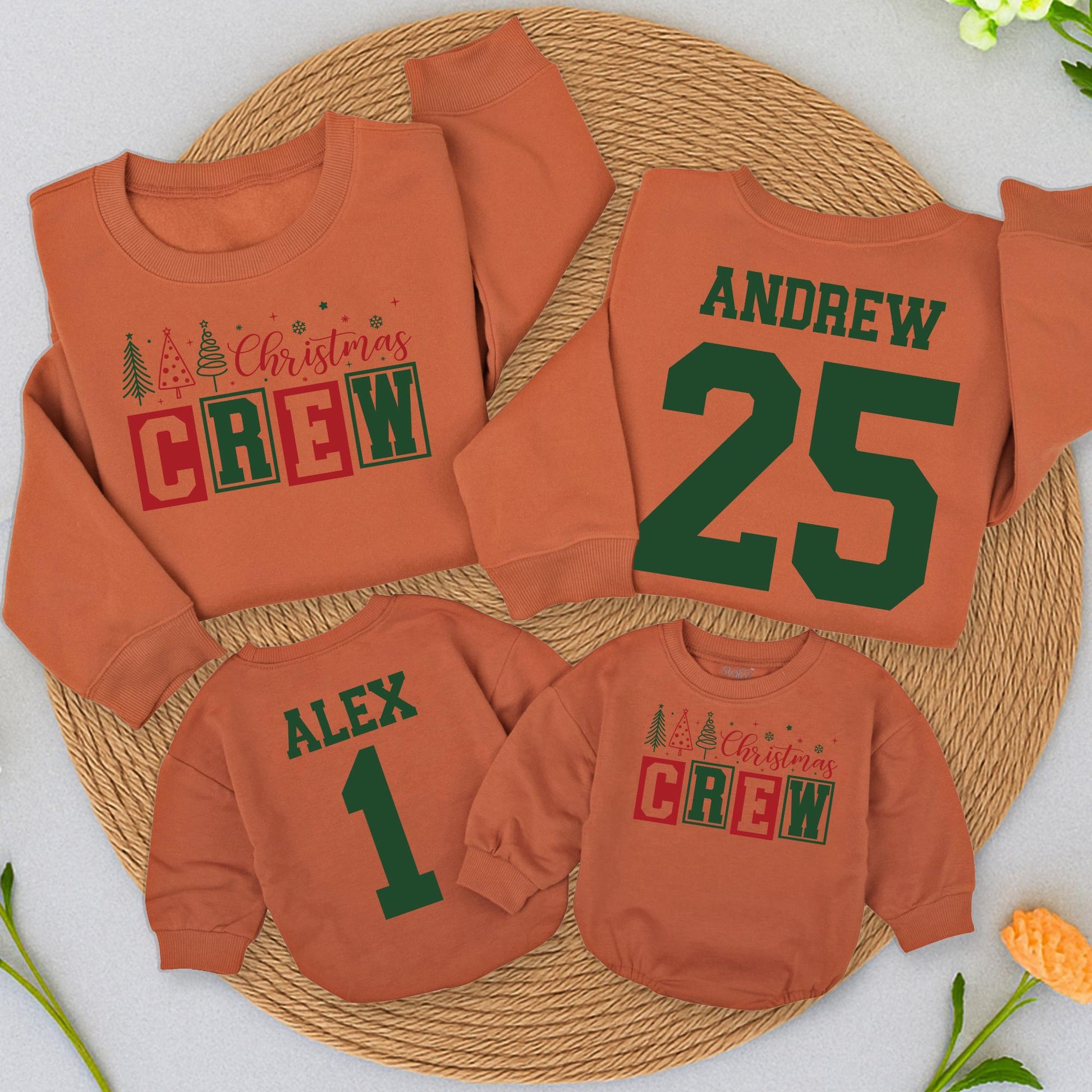 Personalized Family Christmas Crew Sweatshirts Matching Name & Number Collegiate Dark Green Design with Christmas Trees Snowflakes Stars Baby Romper Outfit
