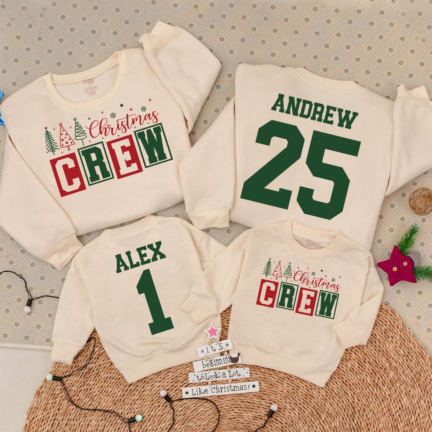 Personalized Family Christmas Crew Sweatshirts Matching Name & Number Collegiate Dark Green Design with Christmas Trees Snowflakes Stars Baby Romper Outfit