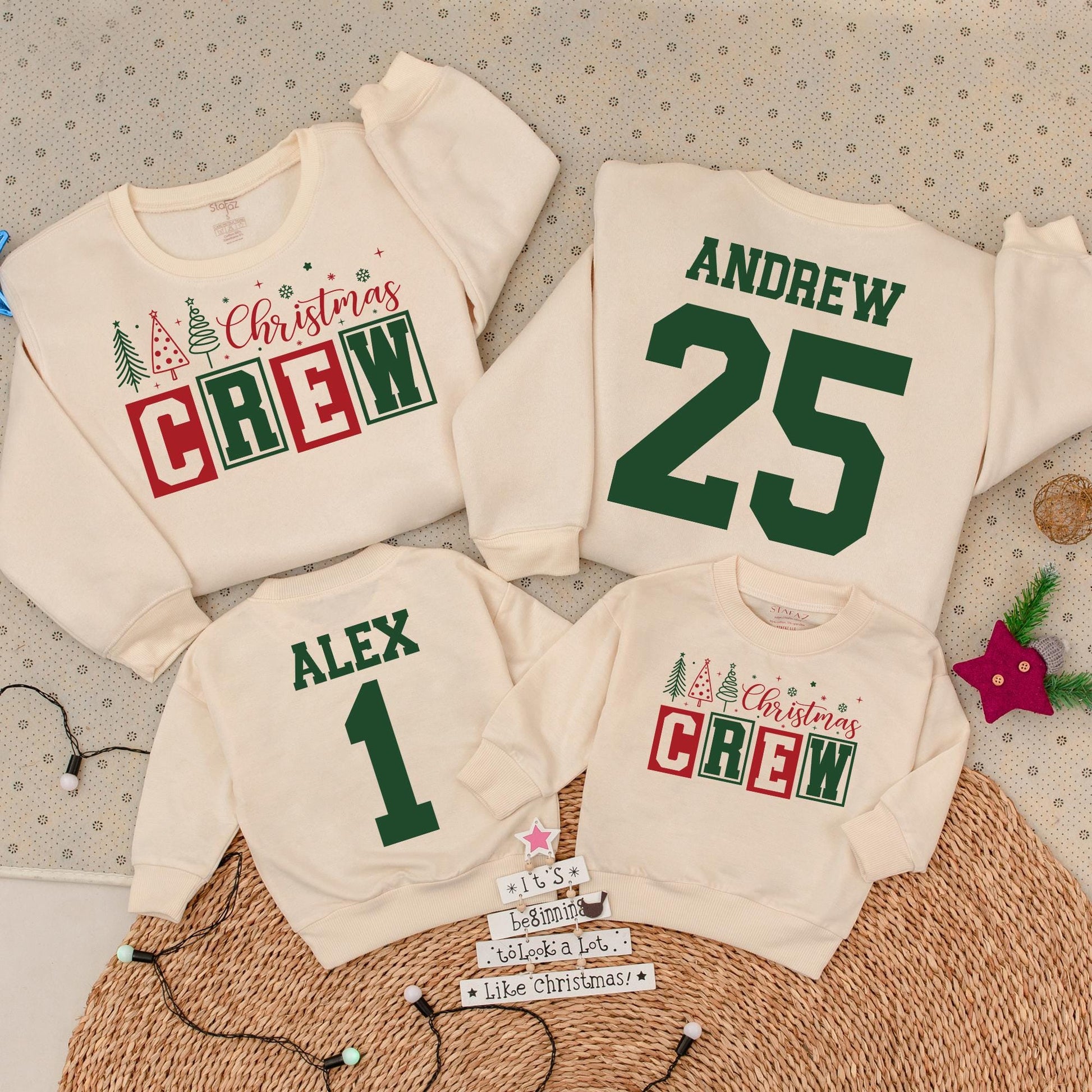 Personalized Family Christmas Crew Sweatshirts Matching Name & Number Collegiate Dark Green Design with Christmas Trees Snowflakes Stars Baby Romper Outfit