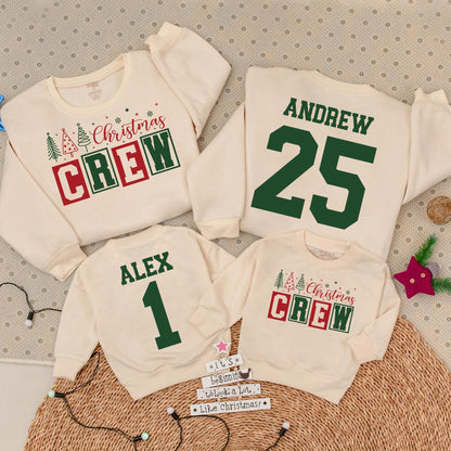 Personalized Family Christmas Crew Sweatshirts Matching Name & Number Collegiate Dark Green Design with Christmas Trees Snowflakes Stars Baby Romper Outfit