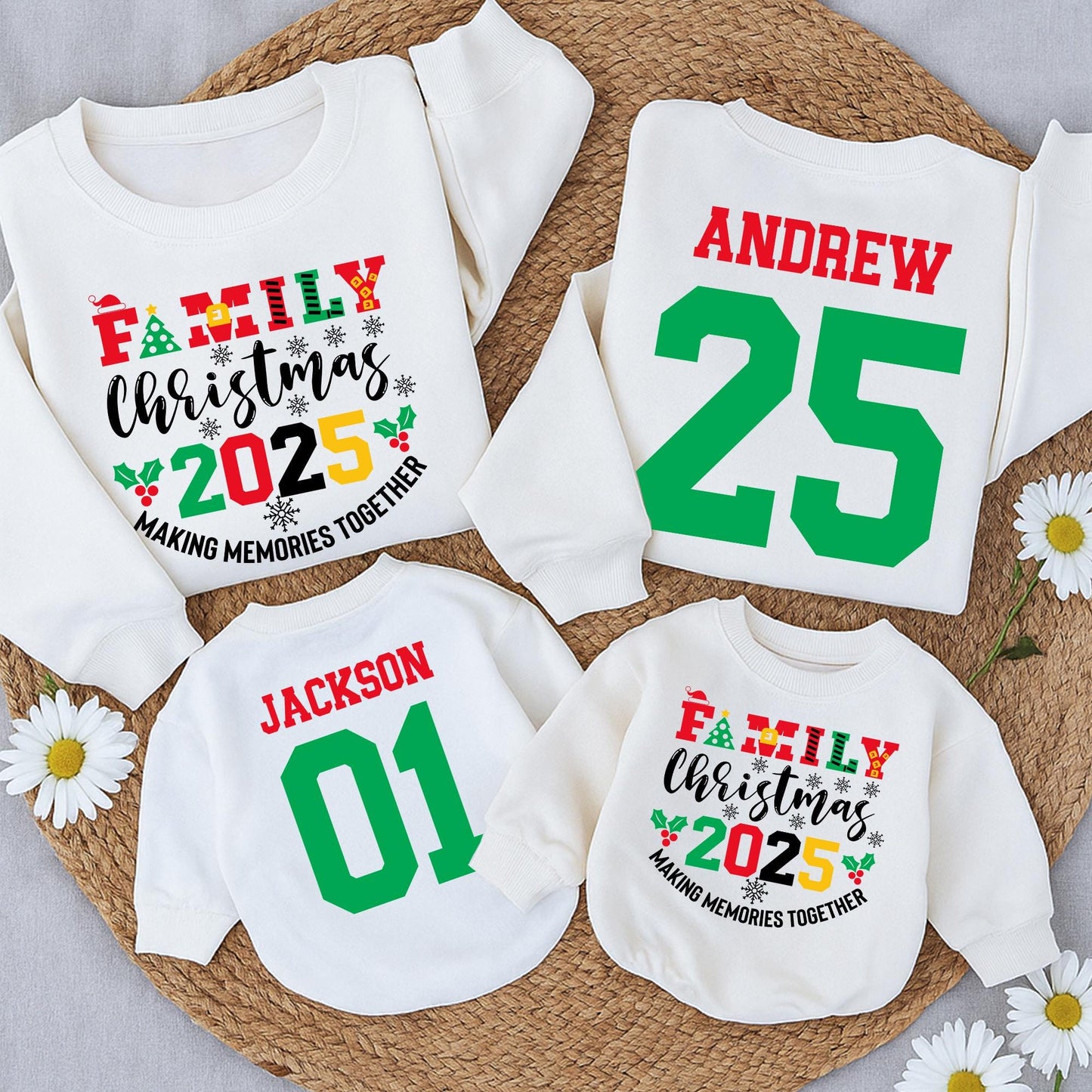 Family Christmas 2025 Matching Sweatshirts, Custom Name & Number Holiday Outfit, Vintage Christmas Crew, Red Green Yellow, Making Memories Together (137 chars)