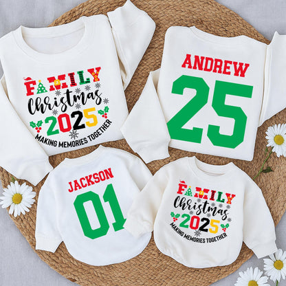 Family Christmas 2025 Matching Sweatshirts, Custom Name & Number Holiday Outfit, Vintage Christmas Crew, Red Green Yellow, Making Memories Together (137 chars)
