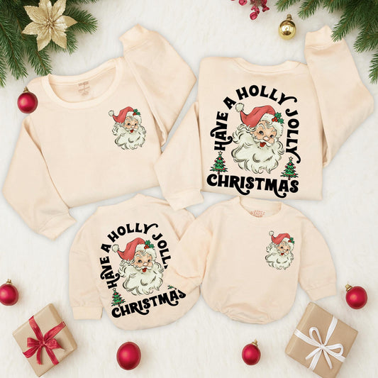 Retro Santa Christmas Sweatshirt Vintage Graphic Holly Jolly Toddler Baby Outfit Cozy Holiday Gift Two Sided Warm Festive Newborn Clothes Cute Xmas