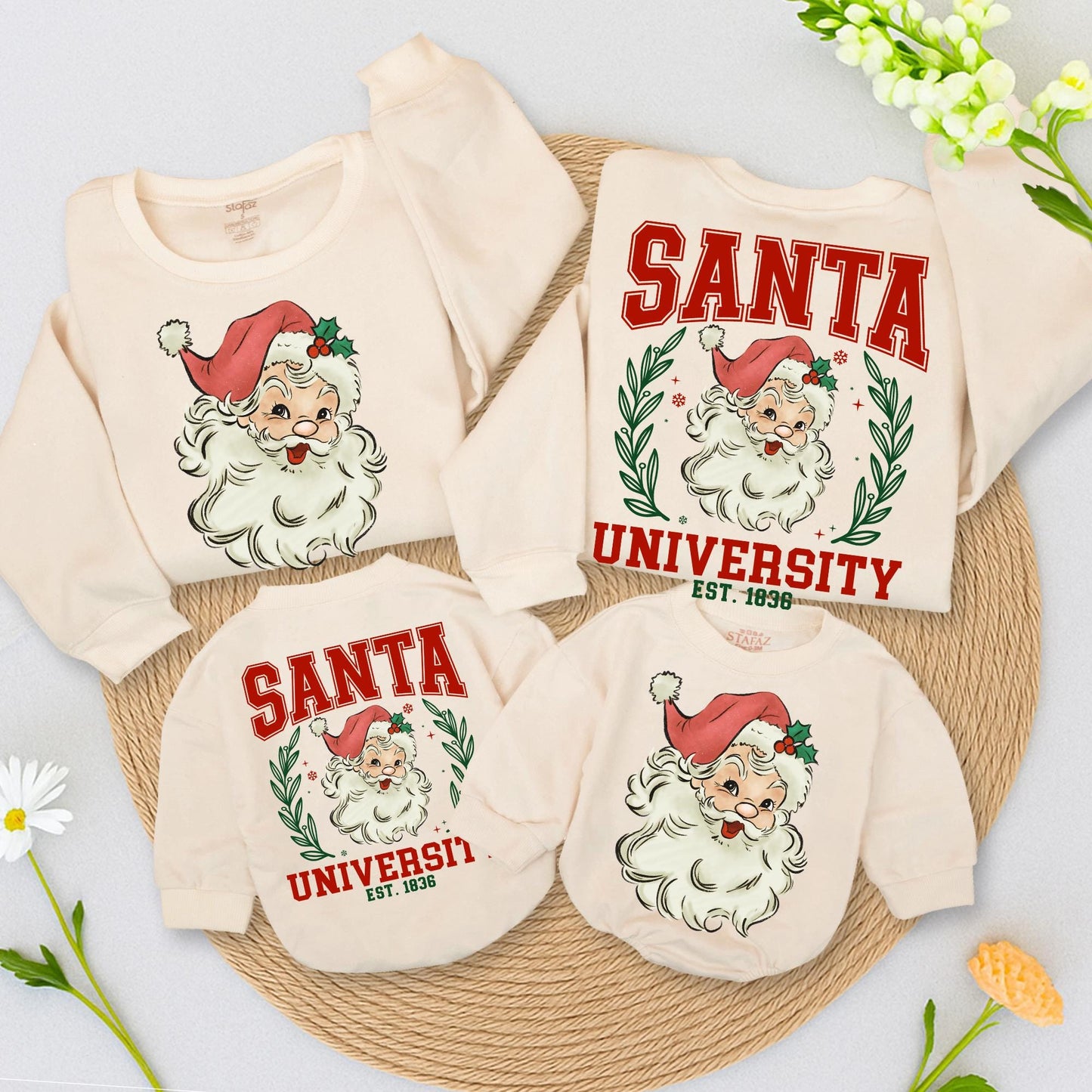 Vintage Santa University Christmas Sweatshirt, Retro Collegiate Holiday Outfit, Double Sided Sweater, Santa Claus Romper, Girly Xmas Gift, 1836 EST