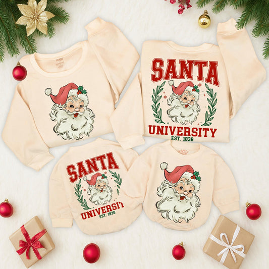 Vintage Santa University Christmas Sweatshirt, Retro Collegiate Holiday Outfit, Double Sided Sweater, Santa Claus Romper, Girly Xmas Gift, 1836 EST