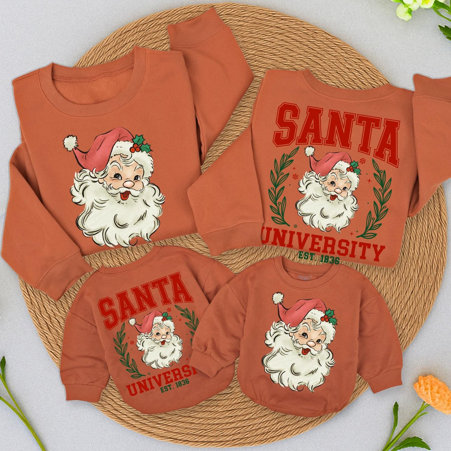 Vintage Santa University Christmas Sweatshirt, Retro Collegiate Holiday Outfit, Double Sided Sweater, Santa Claus Romper, Girly Xmas Gift, 1836 EST