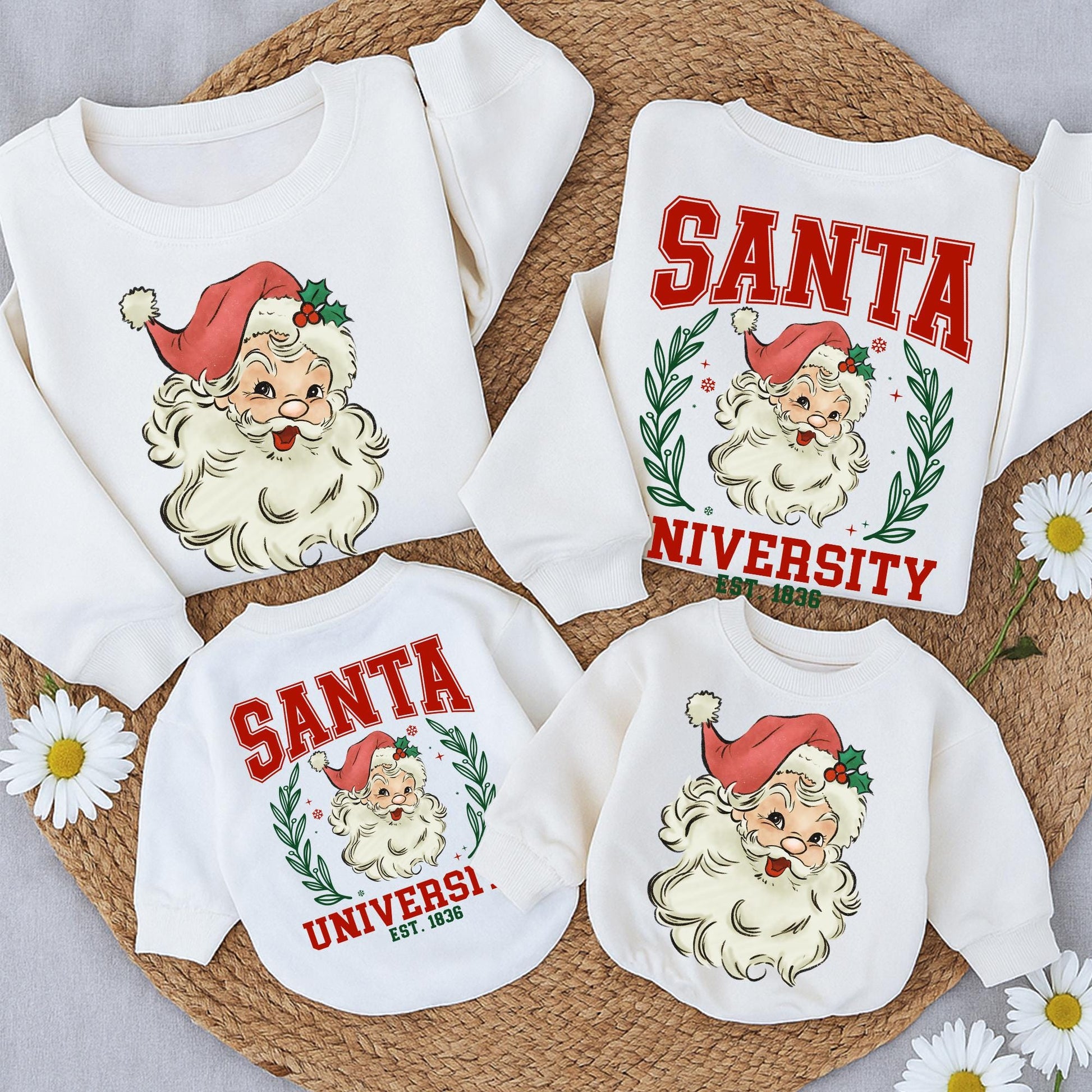 Vintage Santa University Christmas Sweatshirt, Retro Collegiate Holiday Outfit, Double Sided Sweater, Santa Claus Romper, Girly Xmas Gift, 1836 EST