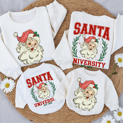 Vintage Santa University Christmas Sweatshirt, Retro Collegiate Holiday Outfit, Double Sided Sweater, Santa Claus Romper, Girly Xmas Gift, 1836 EST