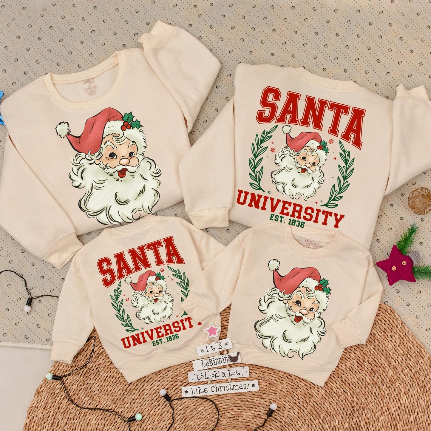 Vintage Santa University Christmas Sweatshirt, Retro Collegiate Holiday Outfit, Double Sided Sweater, Santa Claus Romper, Girly Xmas Gift, 1836 EST