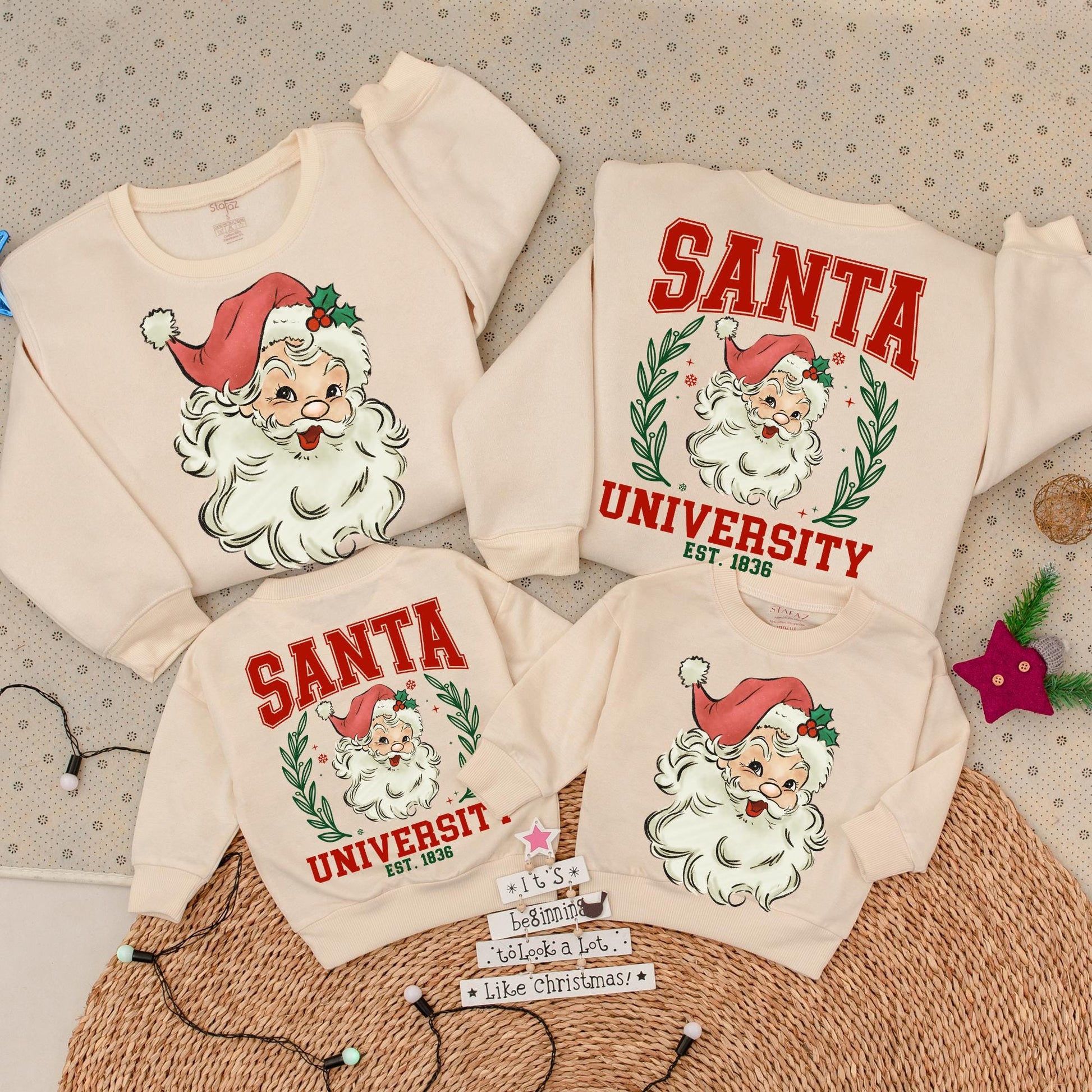 Vintage Santa University Christmas Sweatshirt, Retro Collegiate Holiday Outfit, Double Sided Sweater, Santa Claus Romper, Girly Xmas Gift, 1836 EST
