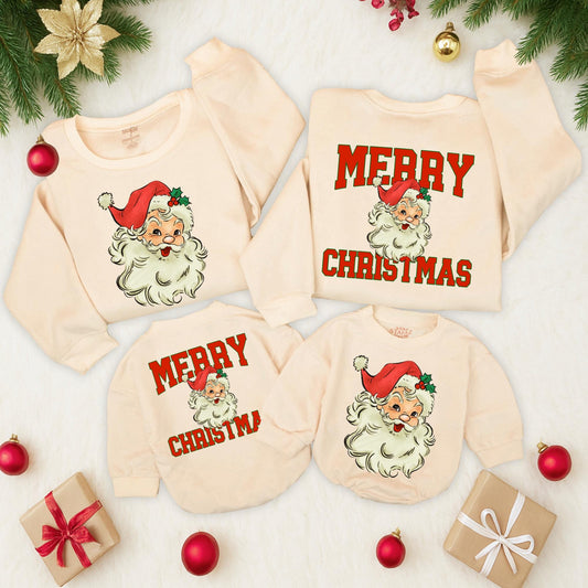 Retro Santa Merry Christmas Sweatshirt Vintage Holiday Family Outfit Two Sided Toddler Romper Cute Matching Winter Clothes Red White Black Graphic
