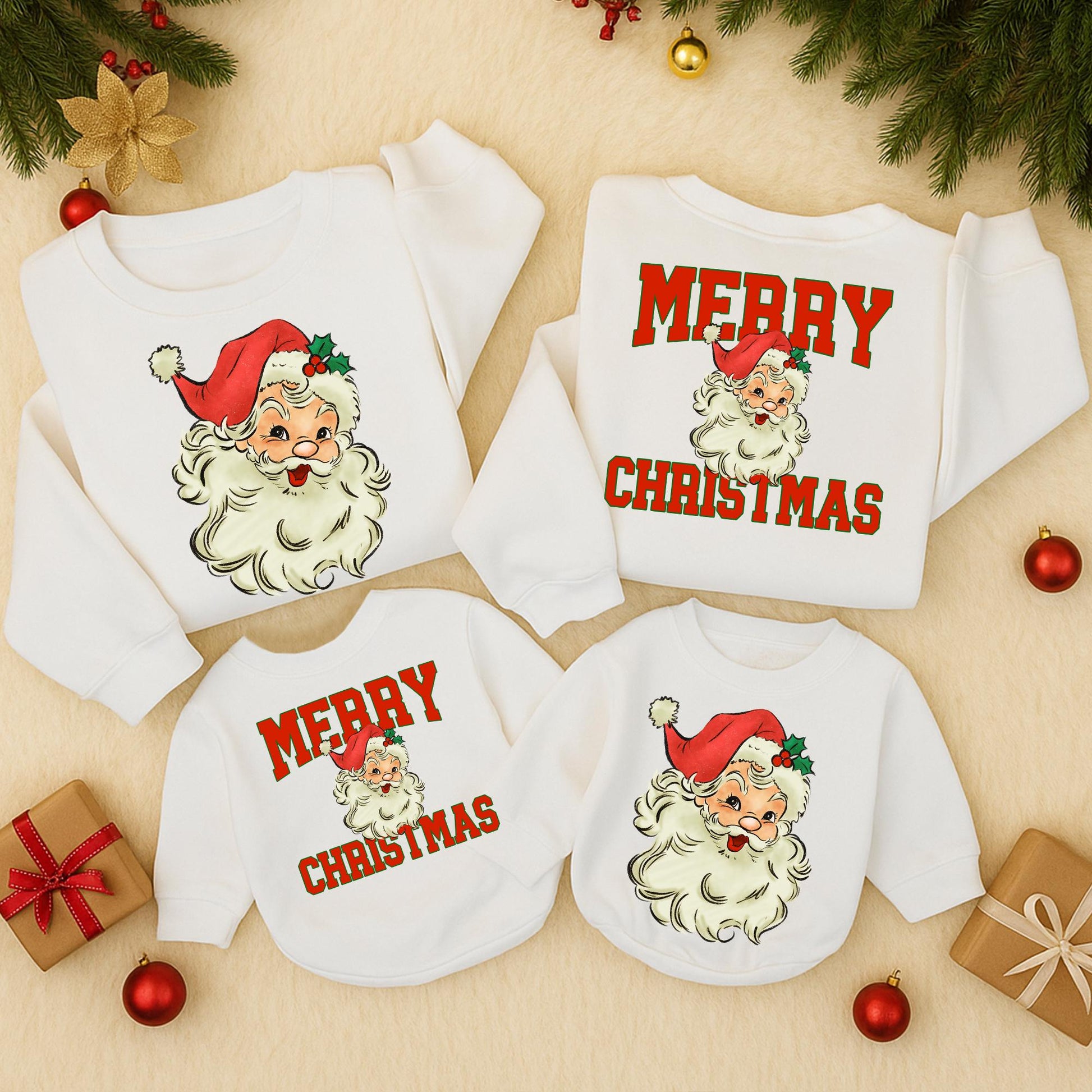 Retro Santa Merry Christmas Sweatshirt Vintage Holiday Family Outfit Two Sided Toddler Romper Cute Matching Winter Clothes Red White Black Graphic