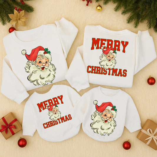 Retro Santa Merry Christmas Sweatshirt Vintage Holiday Family Outfit Two Sided Toddler Romper Cute Matching Winter Clothes Red White Black Graphic
