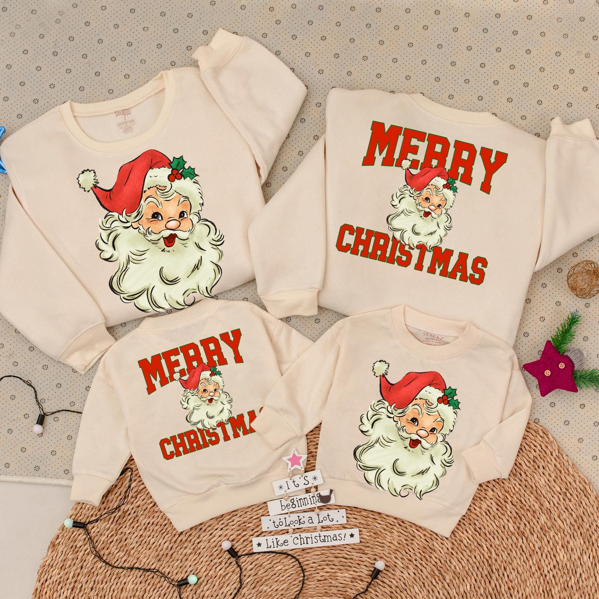 Retro Santa Merry Christmas Sweatshirt Vintage Holiday Family Outfit Two Sided Toddler Romper Cute Matching Winter Clothes Red White Black Graphic