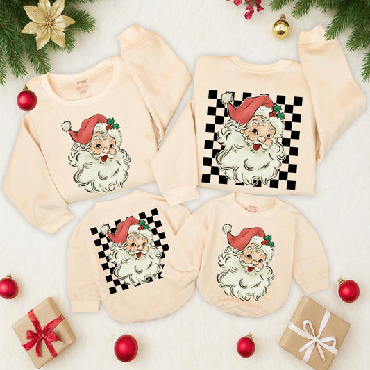 Retro Santa Christmas Sweatshirt & Romper, Vintage Checkered Graphic Baby Toddler Outfit, Muted Hand-Drawn Santa Claus Holly Design Two-Sided Holiday Sweater