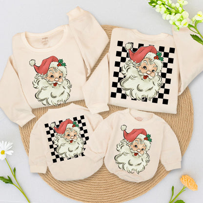 Retro Santa Christmas Sweatshirt & Romper, Vintage Checkered Graphic Baby Toddler Outfit, Muted Hand-Drawn Santa Claus Holly Design Two-Sided Holiday Sweater
