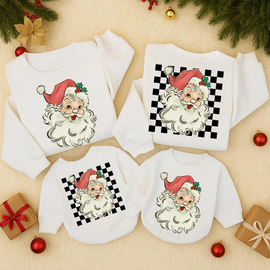 Retro Santa Christmas Sweatshirt & Romper, Vintage Checkered Graphic Baby Toddler Outfit, Muted Hand-Drawn Santa Claus Holly Design Two-Sided Holiday Sweater