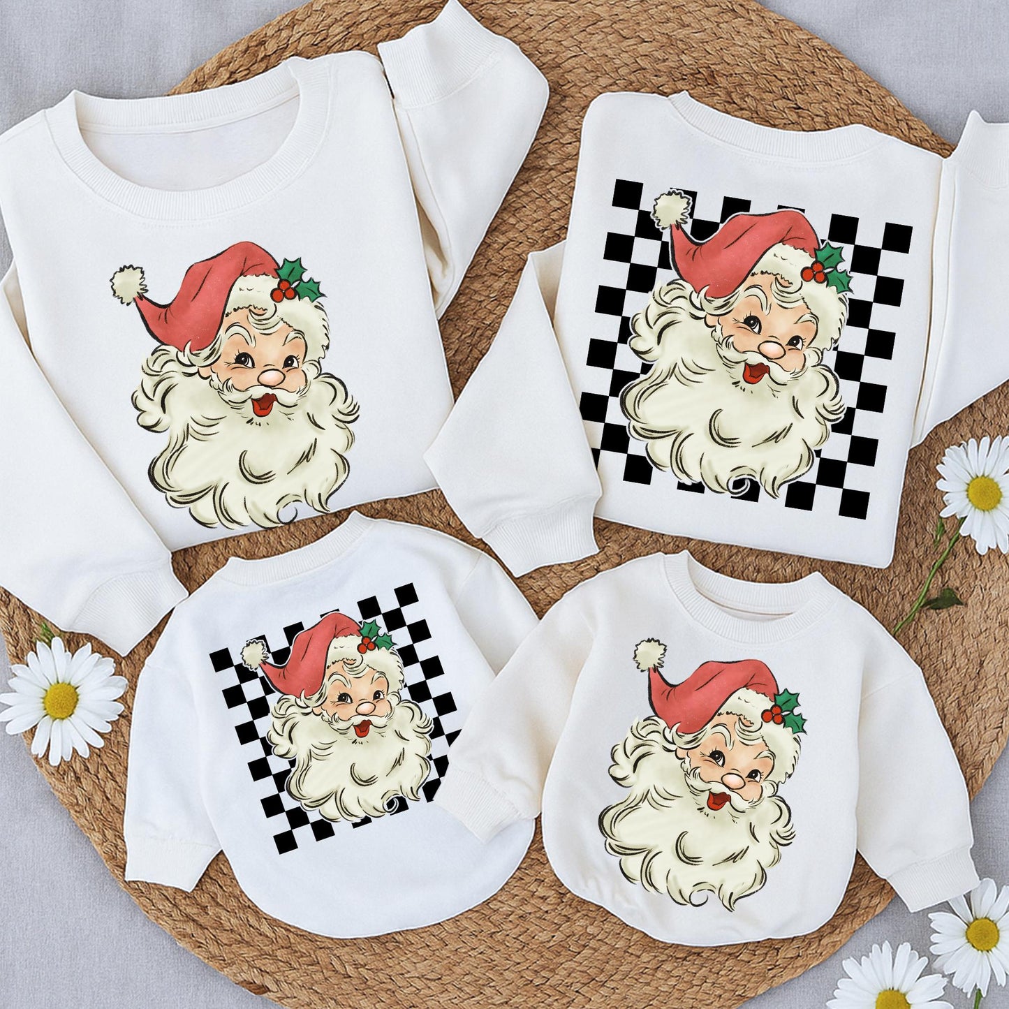 Retro Santa Christmas Sweatshirt & Romper, Vintage Checkered Graphic Baby Toddler Outfit, Muted Hand-Drawn Santa Claus Holly Design Two-Sided Holiday Sweater