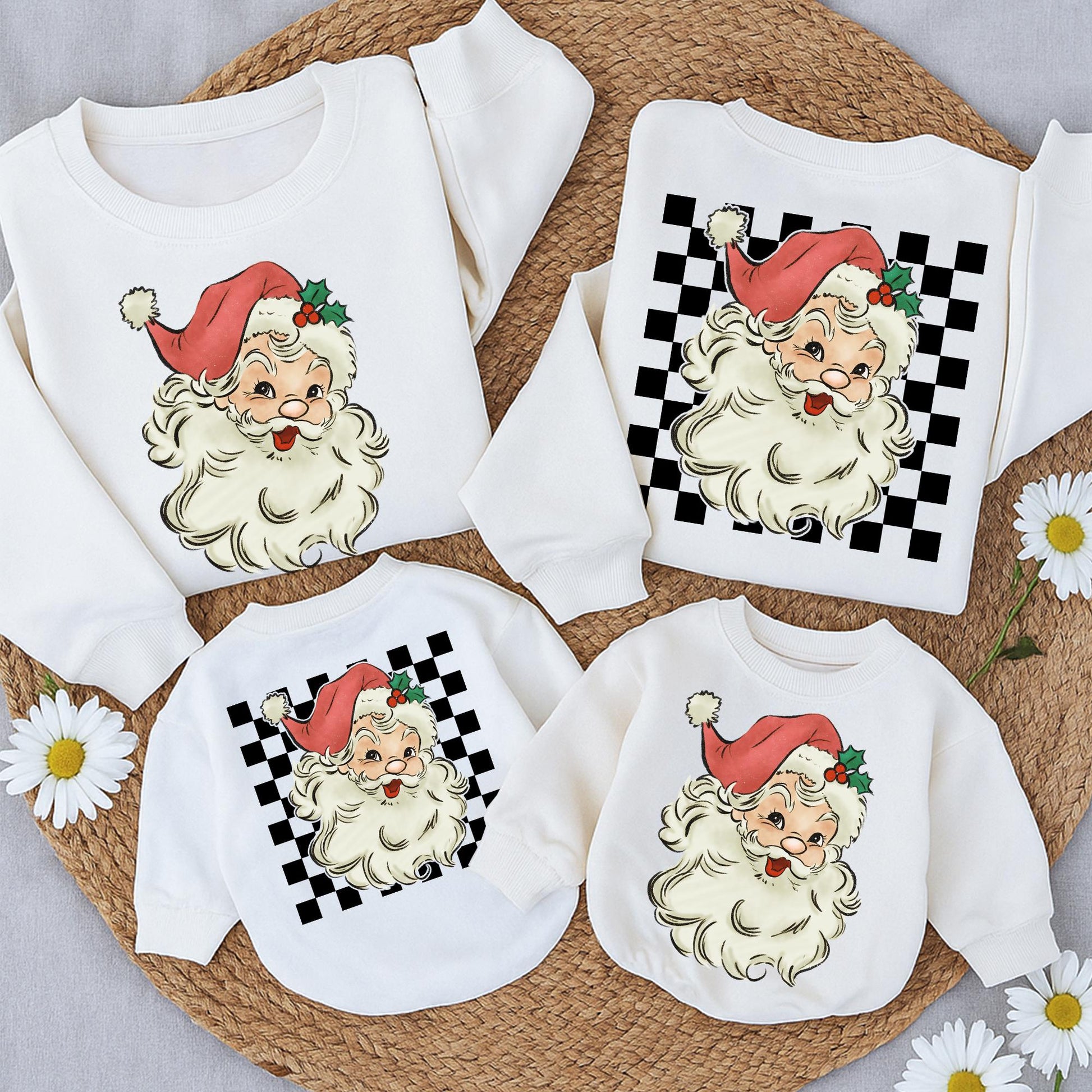 Retro Santa Christmas Sweatshirt & Romper, Vintage Checkered Graphic Baby Toddler Outfit, Muted Hand-Drawn Santa Claus Holly Design Two-Sided Holiday Sweater