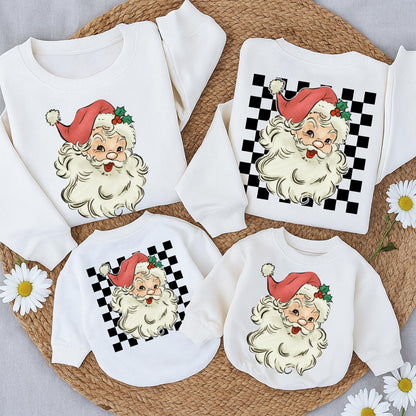 Retro Santa Christmas Sweatshirt & Romper, Vintage Checkered Graphic Baby Toddler Outfit, Muted Hand-Drawn Santa Claus Holly Design Two-Sided Holiday Sweater