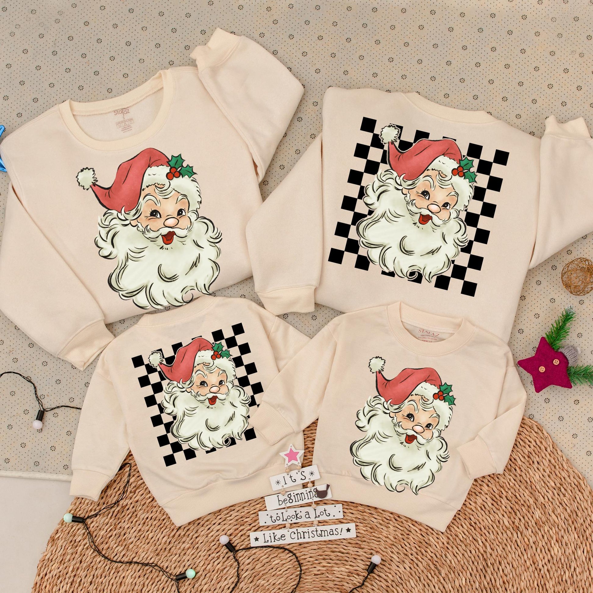 Retro Santa Christmas Sweatshirt & Romper, Vintage Checkered Graphic Baby Toddler Outfit, Muted Hand-Drawn Santa Claus Holly Design Two-Sided Holiday Sweater