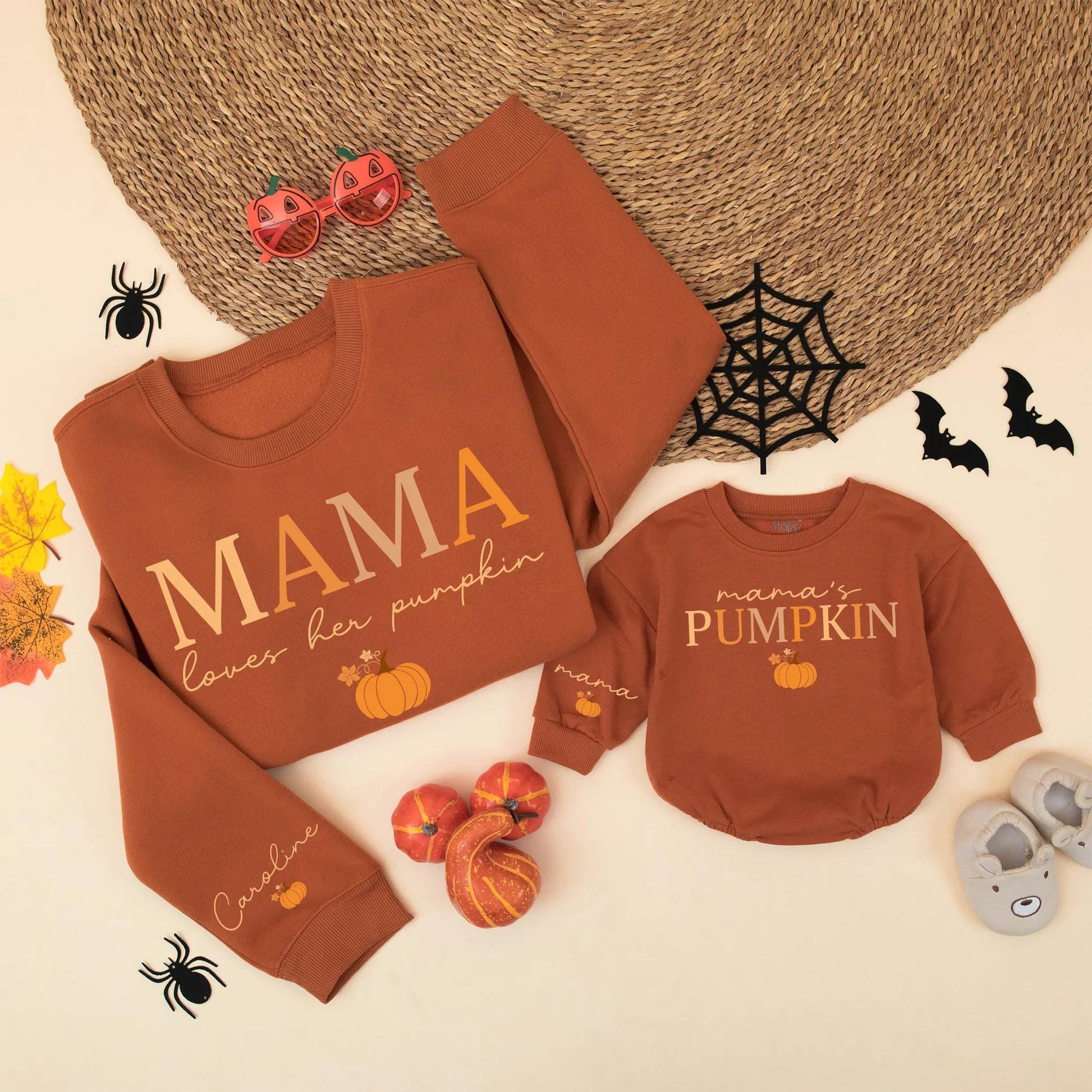Mommy and Me Personalized Fall Pumpkin Matching Sweatshirts Mama Loves Her Pumpkin Design Warm Hues Halloween Thanksgiving Gift