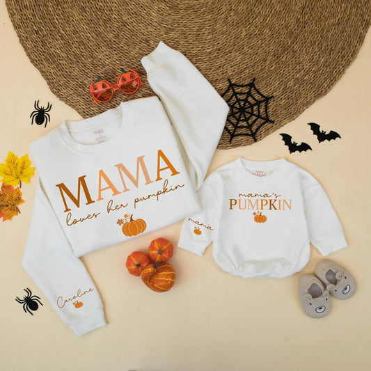 Mommy and Me Personalized Fall Pumpkin Matching Sweatshirts Mama Loves Her Pumpkin Design Warm Hues Halloween Thanksgiving Gift