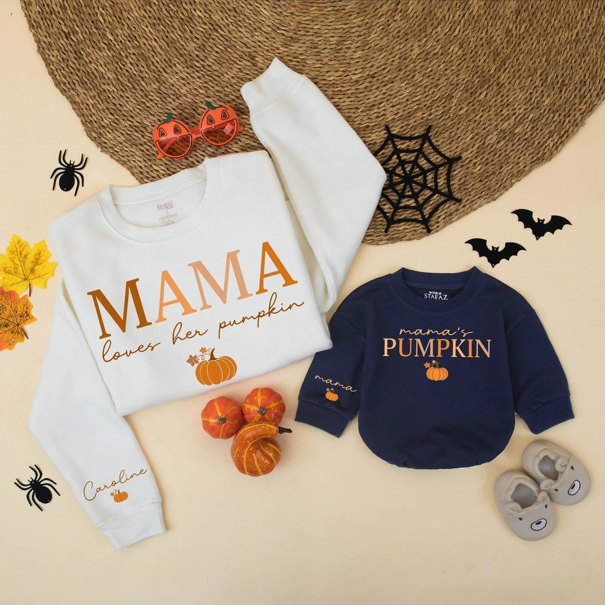 Mommy and Me Personalized Fall Pumpkin Matching Sweatshirts Mama Loves Her Pumpkin Design Warm Hues Halloween Thanksgiving Gift