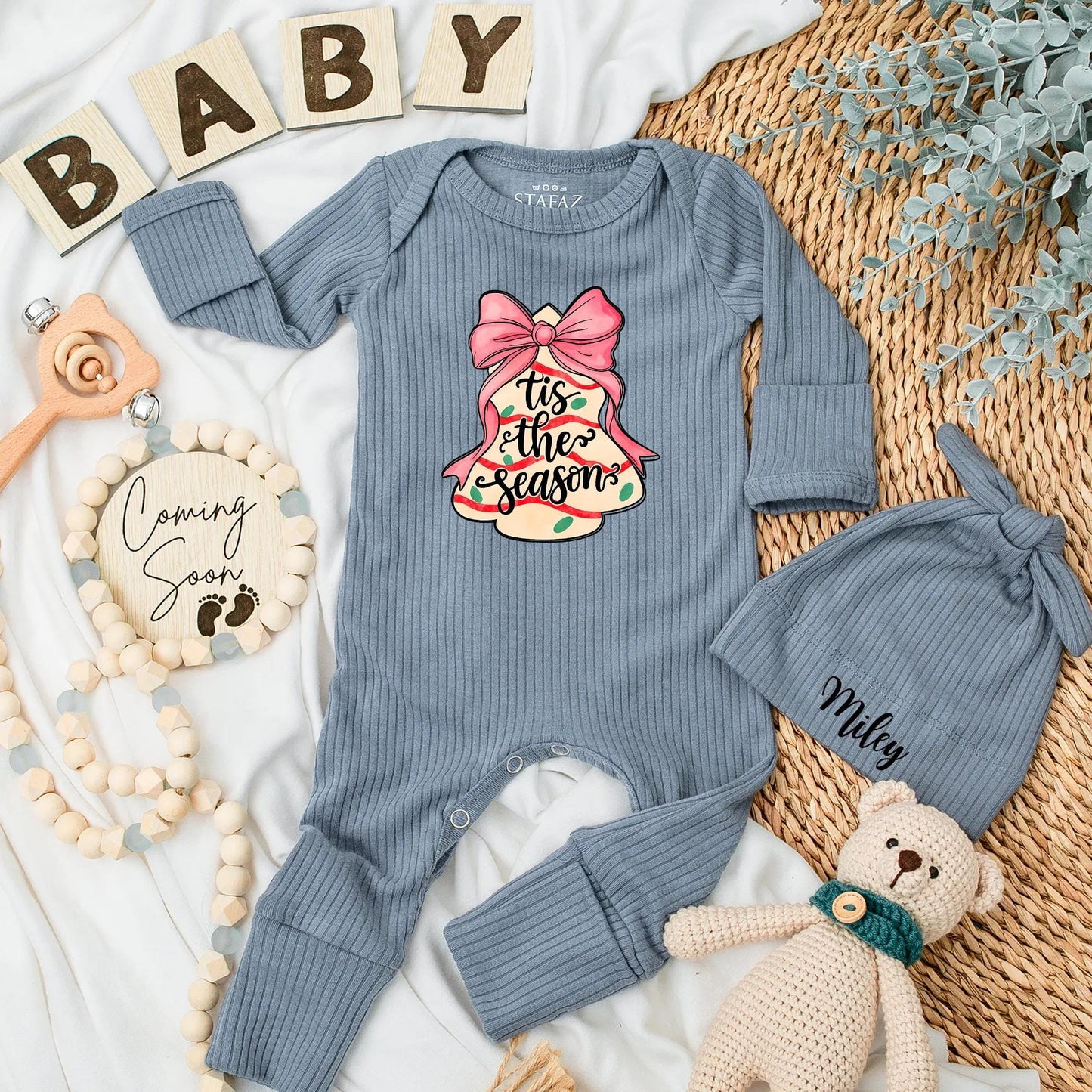 Christmas Cake Baby Bodysuit, Tis the Season Holiday Outfit for Baby Girl, Pink Bow Xmas Gift Newborn Clothes