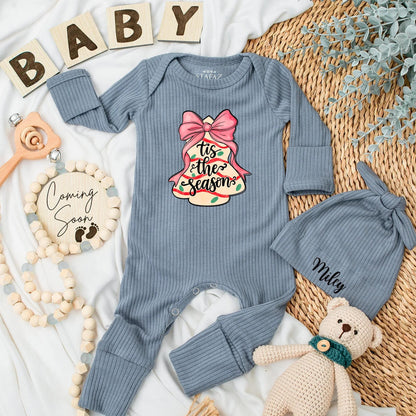 Christmas Cake Baby Bodysuit, Tis the Season Holiday Outfit for Baby Girl, Pink Bow Xmas Gift Newborn Clothes