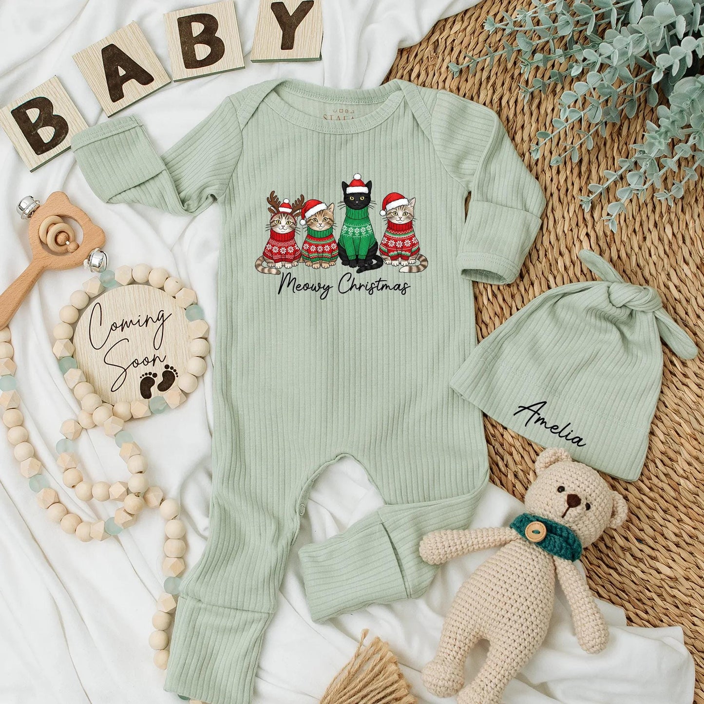 Meowy Christmas Baby Bodysuit Cute Holiday Cat Outfit Newborn Outfit with Cartoon Cats in Festive Sweaters and Hats and "Meowy Christmas" Text