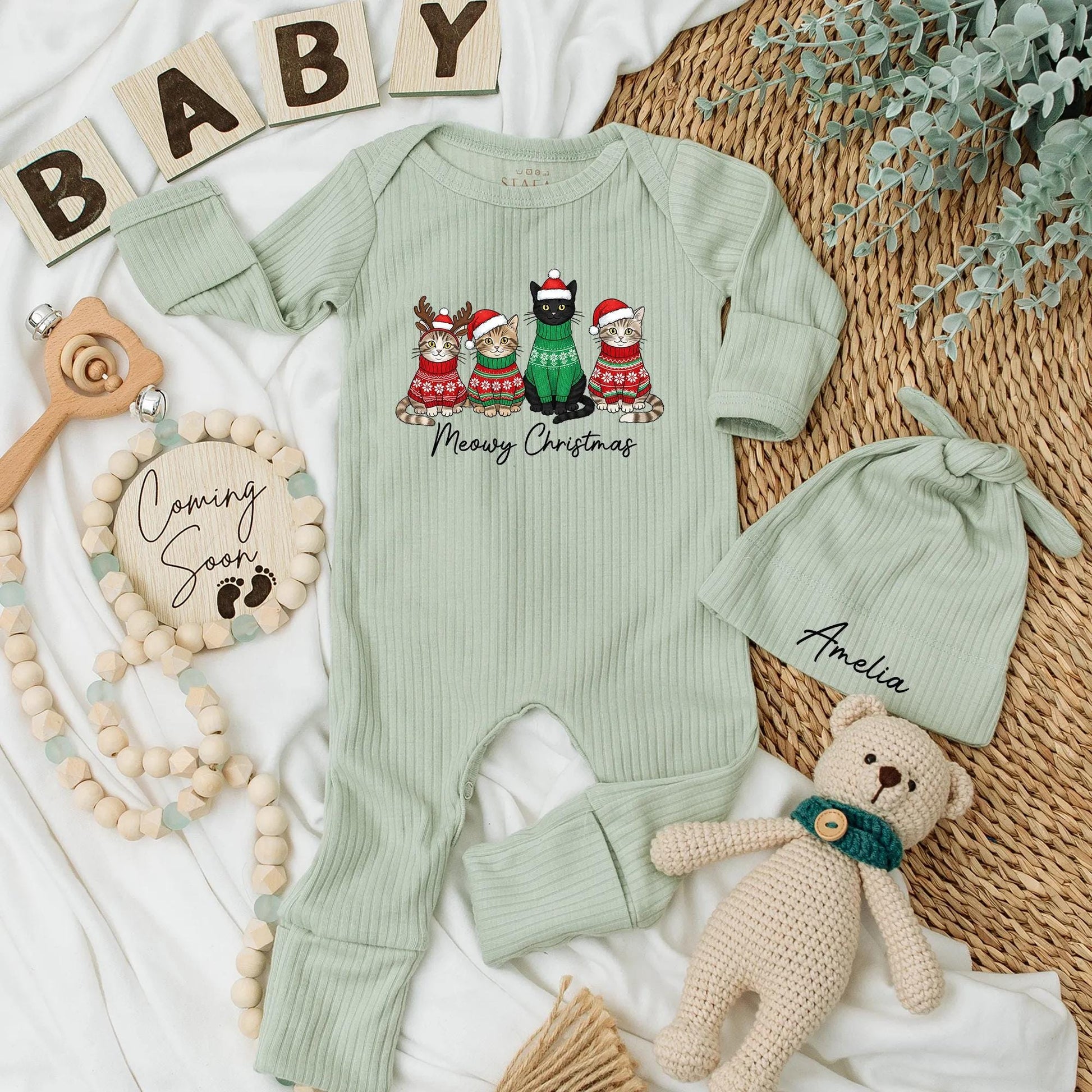 Meowy Christmas Baby Bodysuit Cute Holiday Cat Outfit Newborn Outfit with Cartoon Cats in Festive Sweaters and Hats and "Meowy Christmas" Text