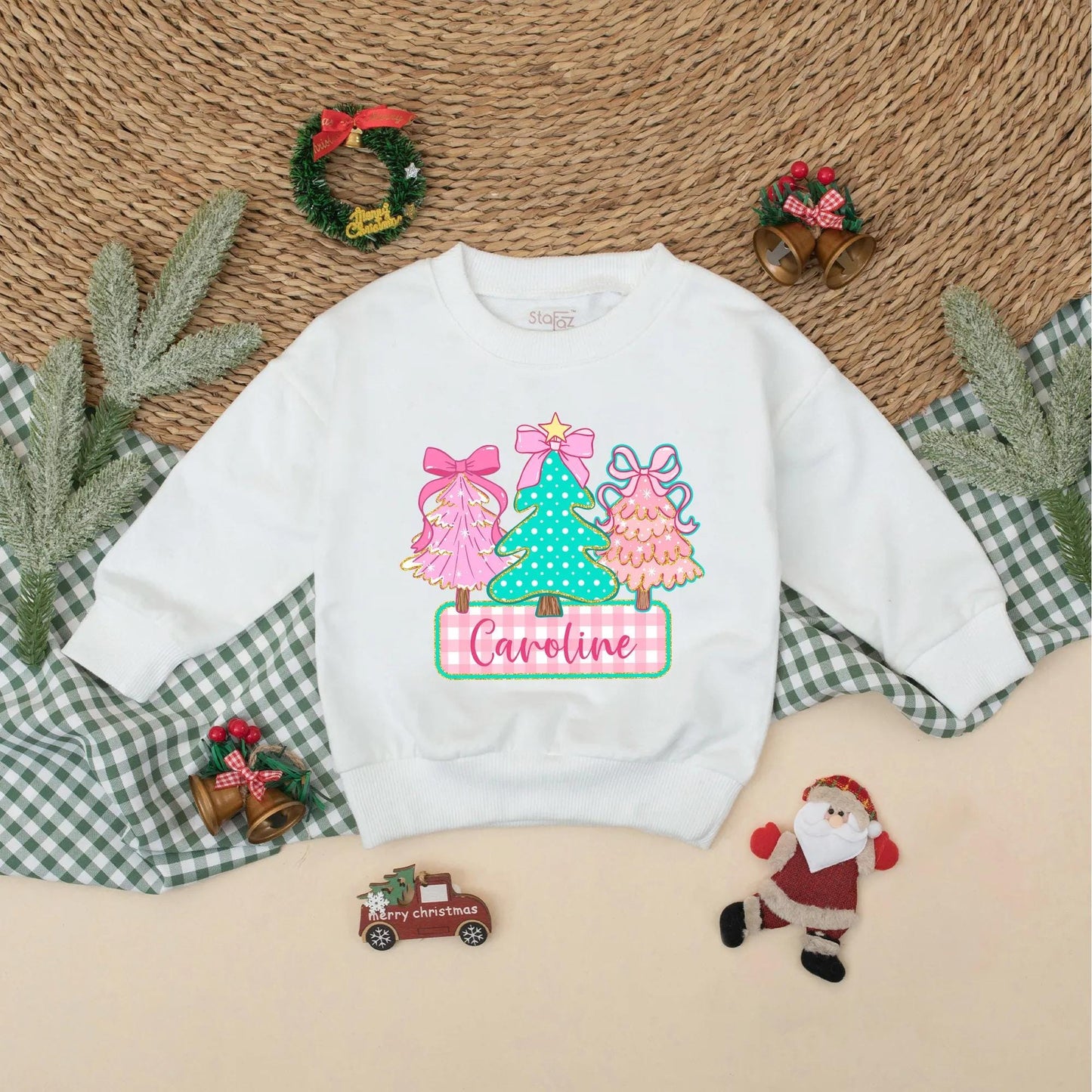 Personalized Caroline Christmas Tree Romper, Cute Holiday Baby Outfit, Pink & Green Sweatshirt Romper, Whimsical Infant Christmas Gift, Bow Accent (138 chars)