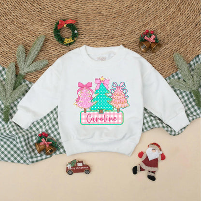 Personalized Caroline Christmas Tree Romper, Cute Holiday Baby Outfit, Pink & Green Sweatshirt Romper, Whimsical Infant Christmas Gift, Bow Accent (138 chars)