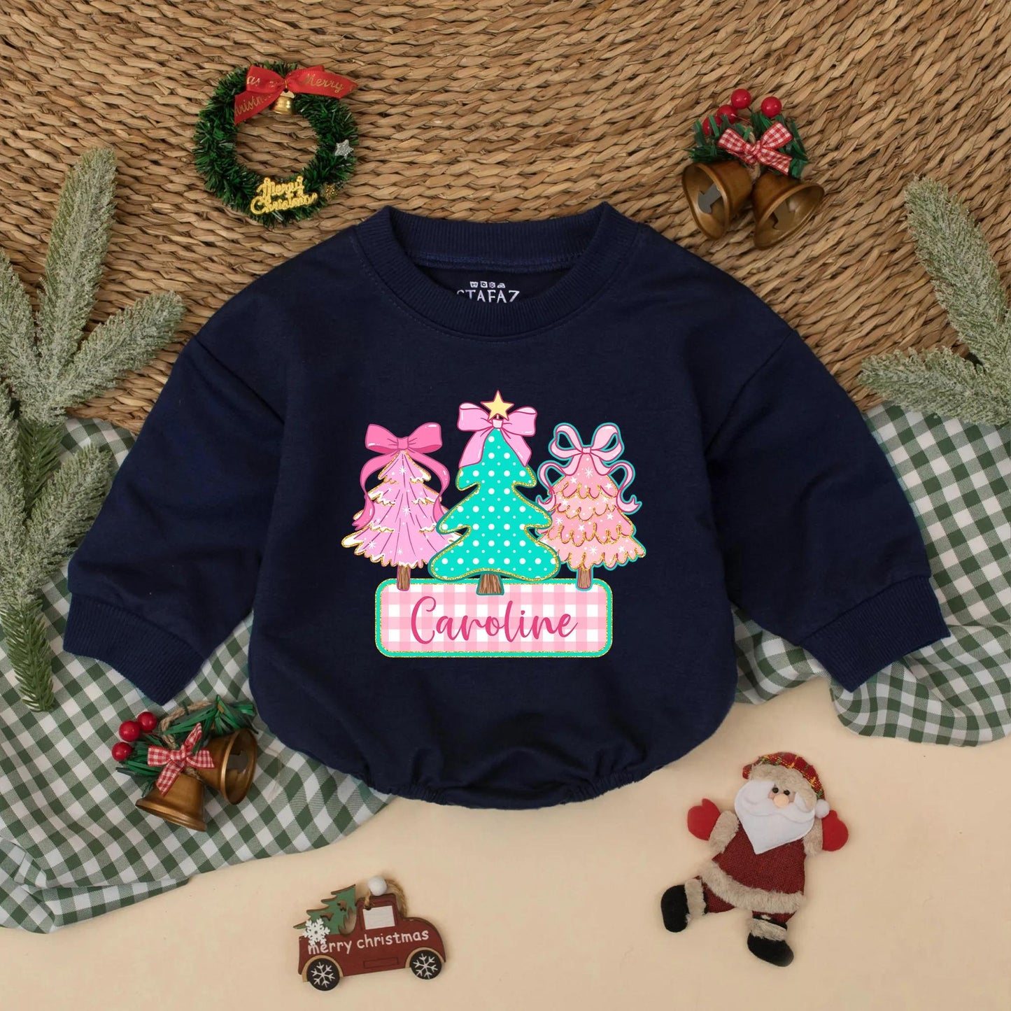 Personalized Caroline Christmas Tree Romper, Cute Holiday Baby Outfit, Pink & Green Sweatshirt Romper, Whimsical Infant Christmas Gift, Bow Accent (138 chars)