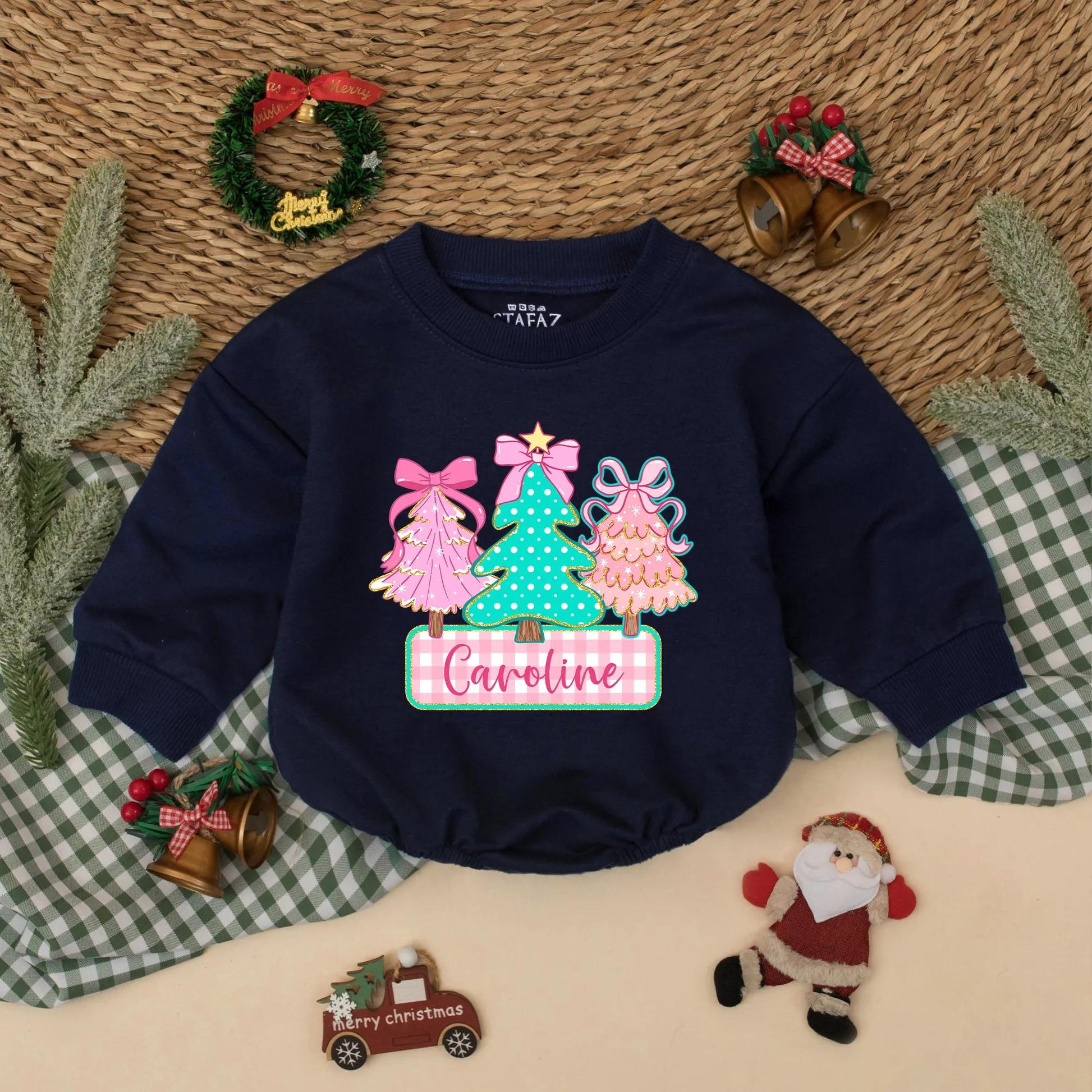 Personalized Caroline Christmas Tree Romper, Cute Holiday Baby Outfit, Pink & Green Sweatshirt Romper, Whimsical Infant Christmas Gift, Bow Accent (138 chars)