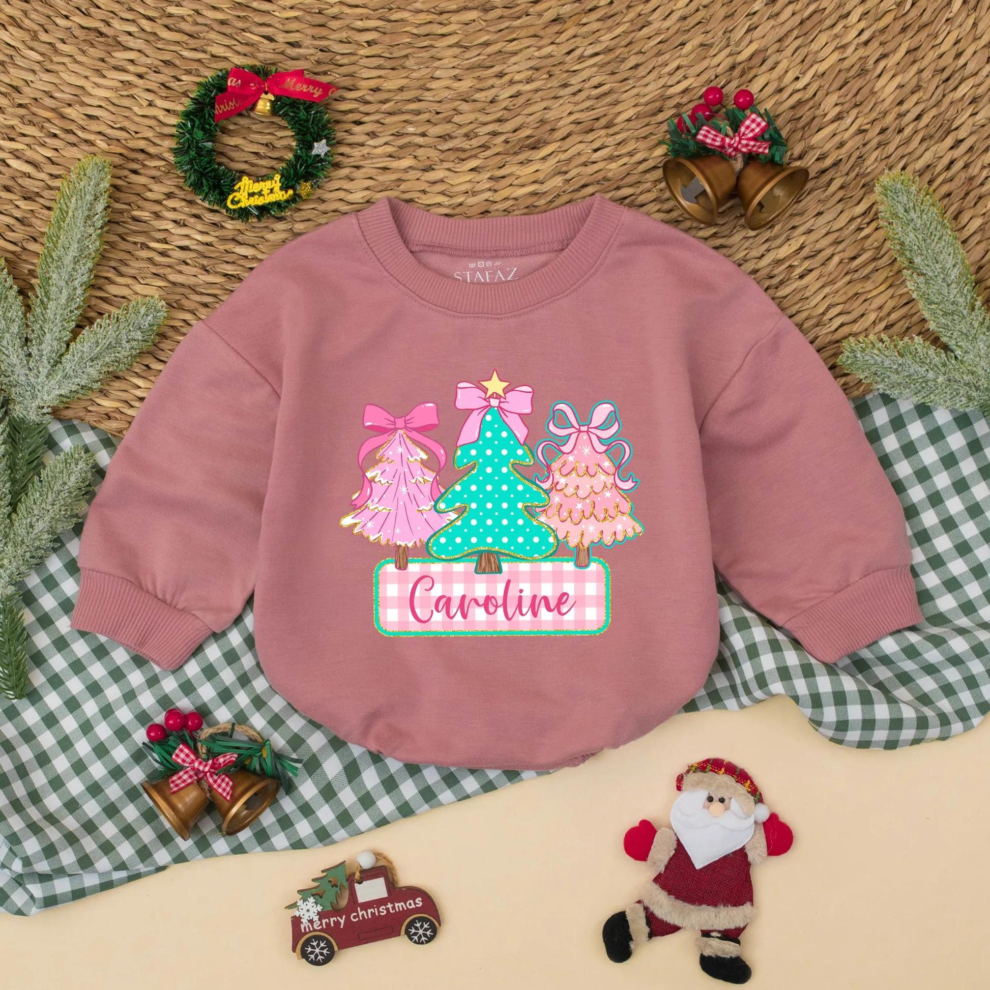 Personalized Caroline Christmas Tree Romper, Cute Holiday Baby Outfit, Pink & Green Sweatshirt Romper, Whimsical Infant Christmas Gift, Bow Accent (138 chars)