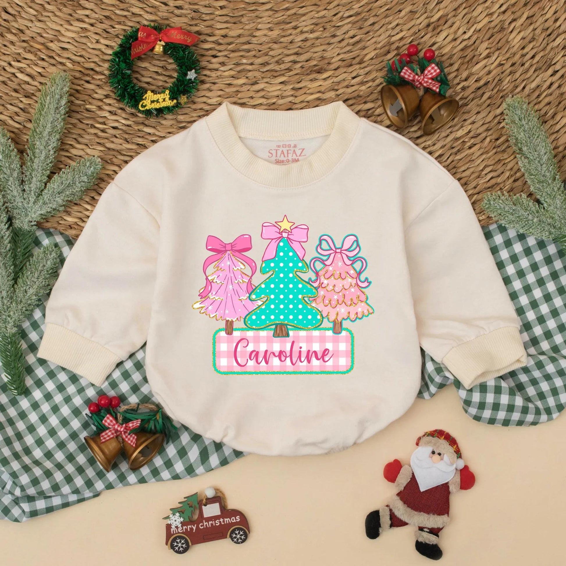 Personalized Caroline Christmas Tree Romper, Cute Holiday Baby Outfit, Pink & Green Sweatshirt Romper, Whimsical Infant Christmas Gift, Bow Accent (138 chars)