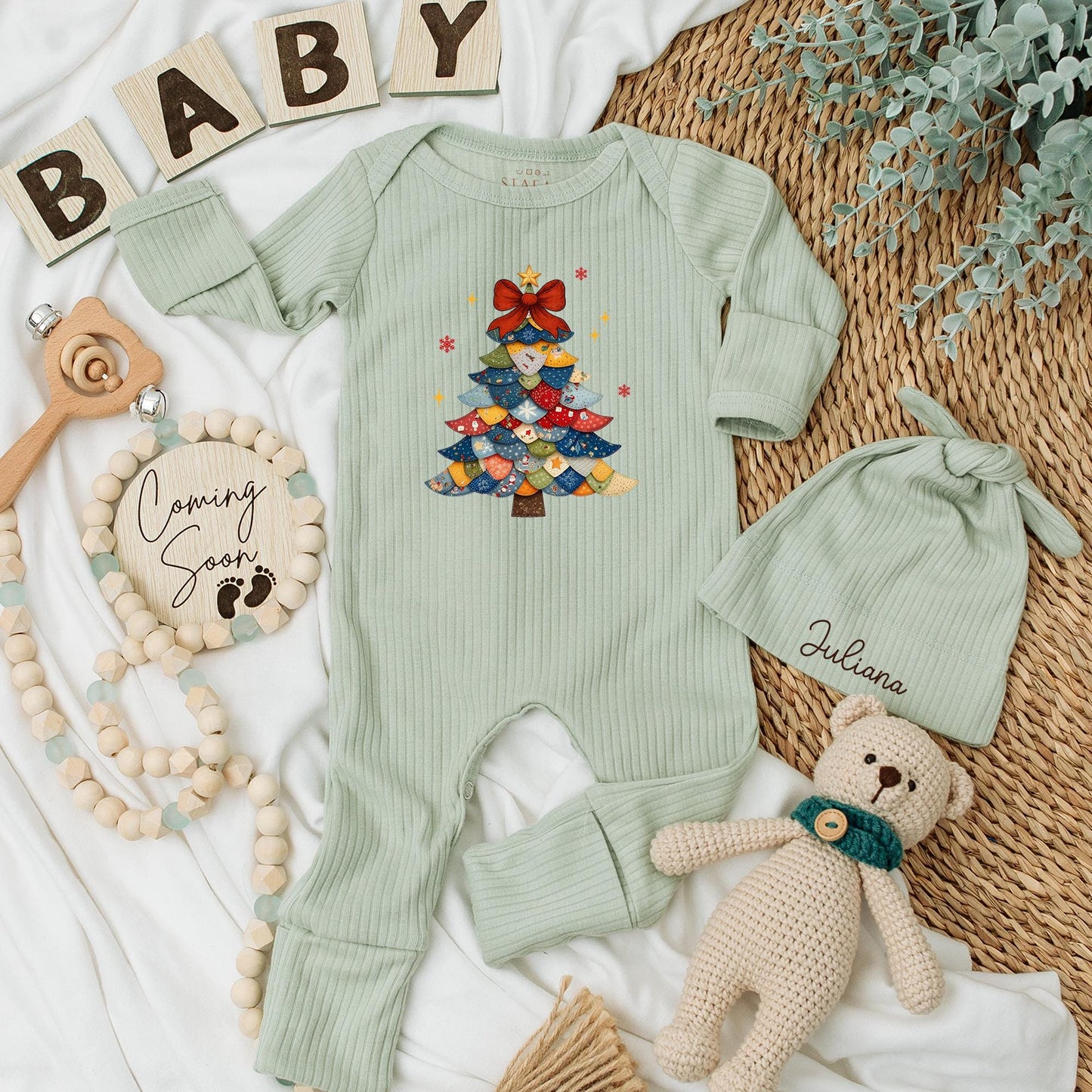 Vintage Christmas Tree Baby Bodysuit First Xmas Outfit, Custom Newborn Gift, Holiday Baby Shower Gift, Winter Clothes
