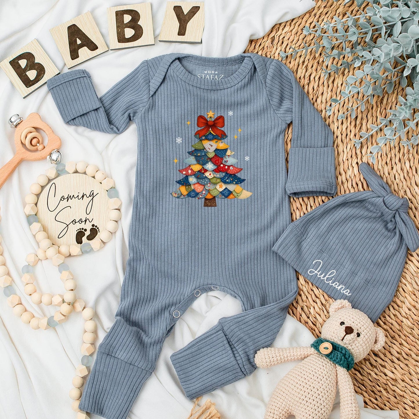 Vintage Christmas Tree Baby Bodysuit First Xmas Outfit, Custom Newborn Gift, Holiday Baby Shower Gift, Winter Clothes