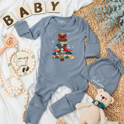 Vintage Christmas Tree Baby Bodysuit First Xmas Outfit, Custom Newborn Gift, Holiday Baby Shower Gift, Winter Clothes